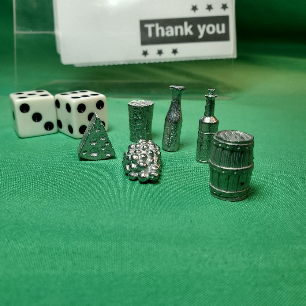 6 WINE LOVERS  MONOPOLY MOVERS/TOKENS W/DICE BOTTLE, CARAFE, GRAPES, CHEESE ETC